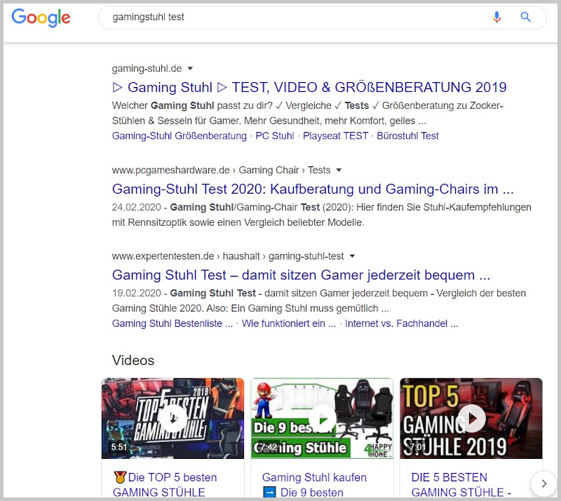 Nischenseite erstellen - Schritt für Schritt Anleitung zum Aufbau einer Nischenwebsite Gamingstuhl Test Google Suchergenisse